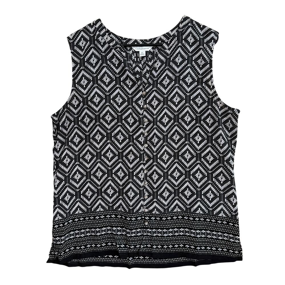 Croft & Barrow Womens Shirt Black White Button Down Geometric Sleeveless Tank XL